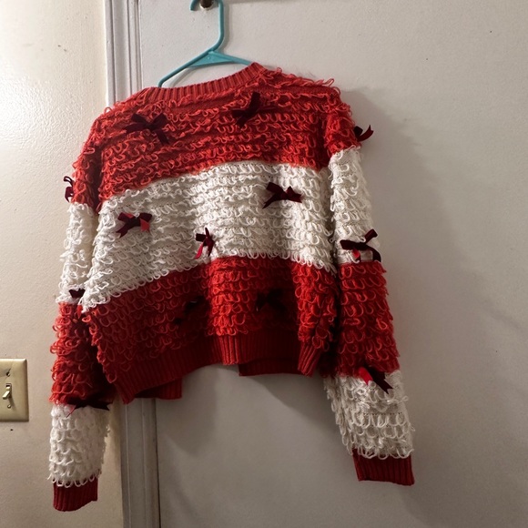 Mighty Fine Open
Front Coral and White
Striped Cardigan with Scarlet Bows, L - Picture 5 of 5